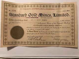 Standard Gold Mines Limited - 600 Shares - January 6 1912 - Vintage Certificate