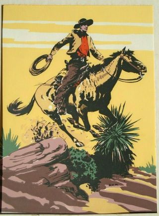 Vintage American West Cowboy Bronco Art Print Signed D.  H.  M.  - Bright Yellow
