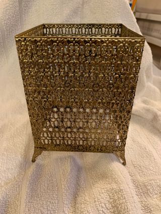 Mid Century Modern Ornate Vintage Gold Filigree Cube Tissue Box Holder Metal