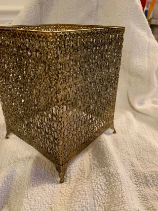 Mid Century Modern Ornate Vintage Gold Filigree Cube Tissue Box Holder Metal 3