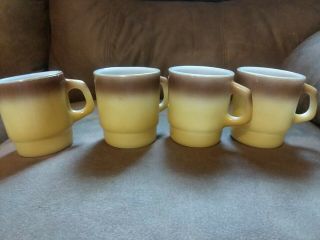 4 Vintage Fire King 2 Toned Brown/yellow Stack Able Coffee Cups Mugs