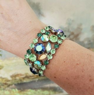 Vintage Sparkling Wide Blue And Greens Rhinestone Bracelet With Safety Chain
