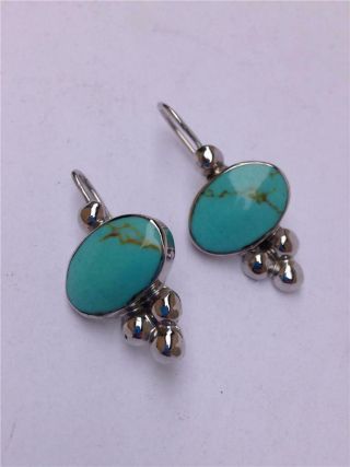 Vintage Ati Mexico Sterling Silver & Turquoise Pierced Ear Wire Earrings