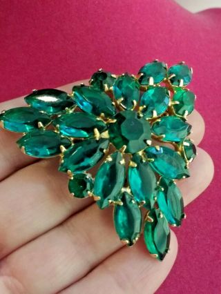 Large Vtg Domed/stacked Emerald Green Marquise/navette Open Back Rhinestone Pin