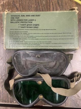 Vtg Us Military Sun Wind And Dust Goggles W/ Tinted (2) Lenses
