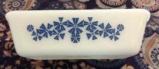 Mid - Century Vintage Glasbake Pyrex Loaf Pan White & Blue Snowflake/flower 10x5