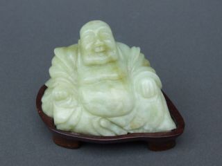 Vintage Chinese Carved Jadeite Hardstone Jade Seated Buddha On Stand Carving