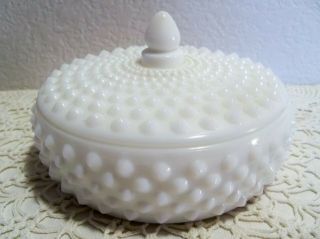 Vintage Fenton Hobnail White Milk Glass Covered Candy Dish 6 " Diameter