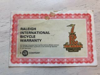 Vintage C.  1970’s Raleigh Bicycle Lifetime Guarantee Document Raleigh Cycle Co.