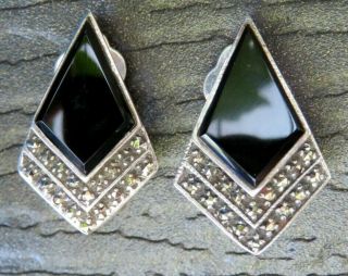 Vintage 925 Sterling Silver Black Onyx & Marcasite Clip Earrings