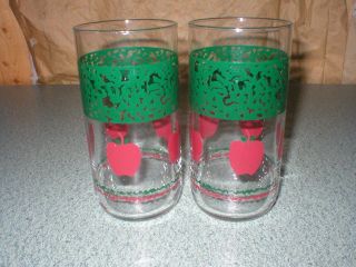 Vintage Libbey Glasses Tumblers Apples Spongeware Print Green & Red Set Of 2