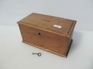 Vintage Wooden Box Brass Hinges Antique Donations Old Wood Money Box Lock Key