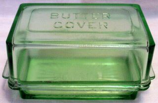 Vintage Green Glass One - Pound Butter Dish & Cover Possibly Depression Era