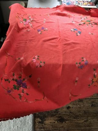 54 X 49” Vintage Hand Embroidered Linen Tablecloth - Floral Burnt Orange