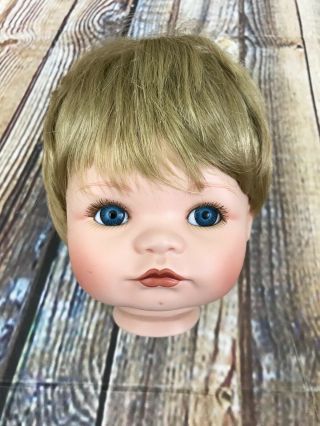 Vtg Porcelain Large Doll Head 5 1/2” Parts Blonde Wig Blue Eyes Lashes Dimple