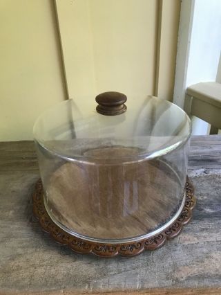 Unique Vintage Mid Century Wooden Cake Plate Carrier With Clear Lid