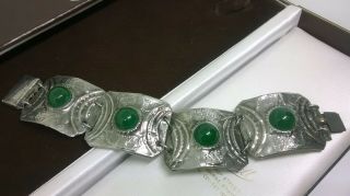 Vintage Jewellery Arts & Crafts Style Aluminum Repousse Green Stone Bracelet