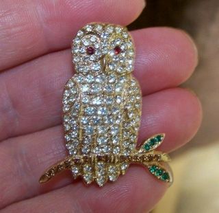 Vintage Jewellery Delightful Rhinestone Owl Bird On A Tree Branch Brooch Pin