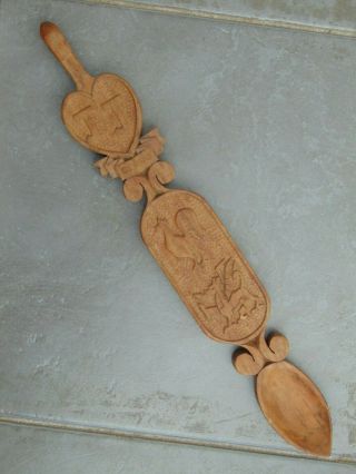Vintage Hand Carved 16 " Love Spoon Welsh Dragon & French Gallic Rooster