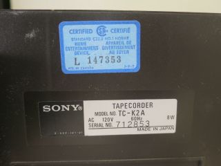 Vintage Sony TC - K2A Stereo Cassette Deck Tape Tapecorder Player 5
