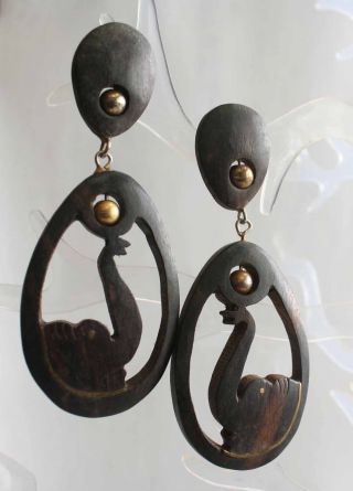 Fabulous Bohemian Carved Ebony Wood Elephant Earrings 1980s Vintage 3 3/4 "