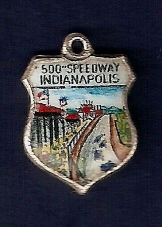 Indy’ 500 Speedway,  Indianapolis,  Vintage Stirling Silver Enamel Shield Charm.