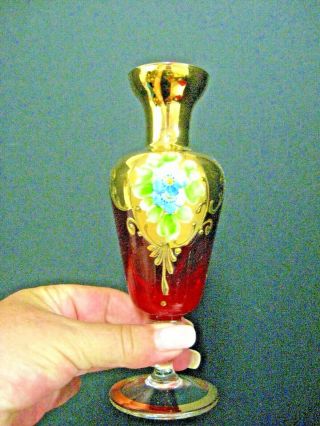 Vintage Gold Gilt Venetian Red Glass Hand Painted Raised Enamel Floral Vase