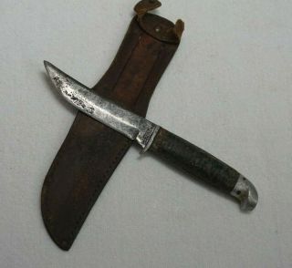 Vtg Western Field Fixed Blade Knife W/leather Handle & Sheath Pat No 1967479 Usa