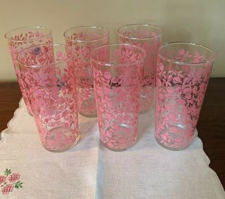 Vintage? Libbey Clear Glass Pink Floral Pattern Set Of 6 Glasses