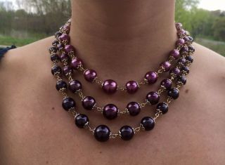 A1 Vintage 3 Strand Pearl Necklace Mad Men 60s Prom Party Purple Glam Art Scene