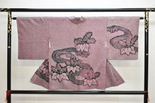 Vintage Silk Kimono Jacket:fully Shibori Black Purple Paulownias/tsunami@ym18