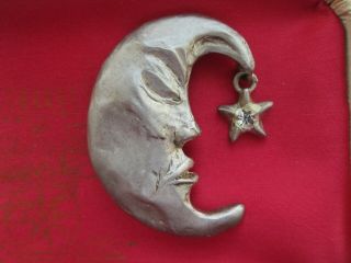 Vintage Signed M Jent Silver Man In Moon Rhinestone Star Art Nouveau Brooch Pin 2