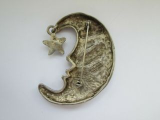 Vintage Signed M Jent Silver Man In Moon Rhinestone Star Art Nouveau Brooch Pin 5