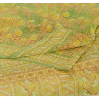 Tcw Vintage Green Saree Printed 100 Pure Crepe Silk Sari Craft Fabric