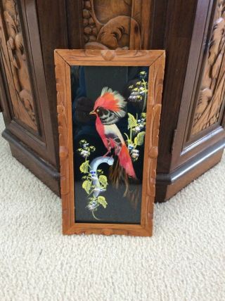 Vintage Mexican Fork Art Bird Picture - Real Feathers - Handpainted -
