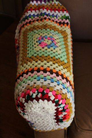 Vintage Handmade Crochet Granny Square Bolster Pillow Cover Or Sofa Arm Cover