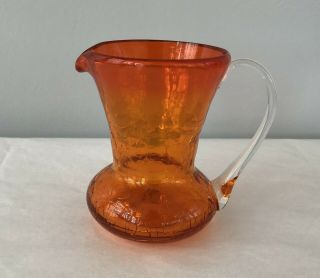 Vintage Blenko Crackle Glass Mini Pitcher Amberina Orange W/clear Handle