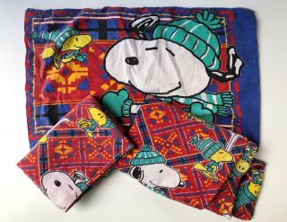 Twin Sheet Set 3 Pc Vintage Snoopy & Woodstock Flannel Ski Aztec Winter Peanuts