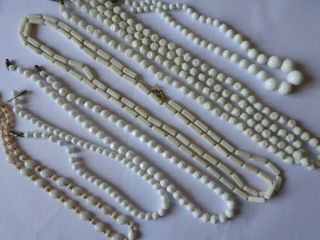 6 Vintage Milk White Glass Bead Necklaces - For Restringing