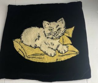 Vintage Hooked Pillow Case Cover Top Cat Black Velvet