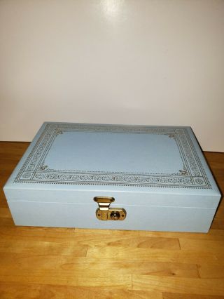 Vintage Faux Leather Jewelry Box With 2 Levels Key And Lock Light Blue Gold