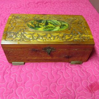 Vintage Wooden Cedar Carved Jewelry Box - Pic Of Church &countrycottages W Mirror