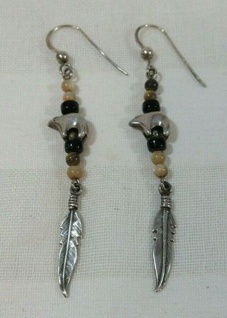 Vtg Earrings Sterling Silver 925 Bear Native American Beaded Feather Dangle 2.  5 "
