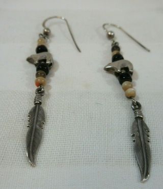 Vtg Earrings Sterling Silver 925 Bear Native American Beaded Feather Dangle 2.  5 
