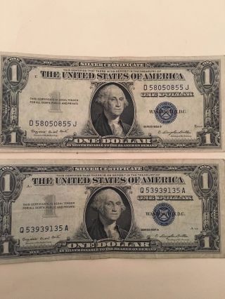 2 Old 1957 One Dollar Bills Well Circulated Silver Certificate Vintage