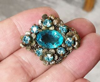Vintage Art Deco Czech Jewellery Blue Topaz Crystal Floral Gold Brooch Shawl Pin