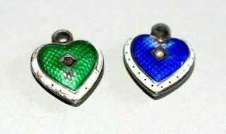 Two Vintage Sterling Silver Guilloche Enamel Puffy Heart Pendants.  A/f