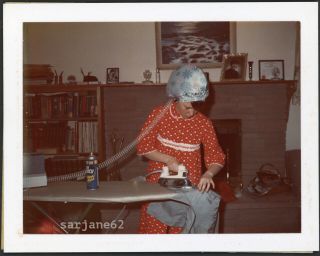 Domestic Woman In Nightgown,  Bonnet Hair Dryer & Ironing Vintage Polaroid Photo
