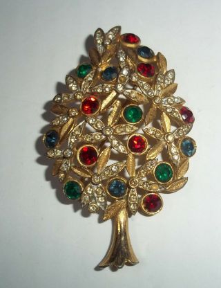 Vintage Sphinx Christmas Tree Crystal Pin Brooch Goldtone A1266 Red Grn Bl Stone