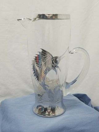 Vintage Sterling Silver Overlay Marlin Sport Fishing Glass Martini Pitcher 9 " T